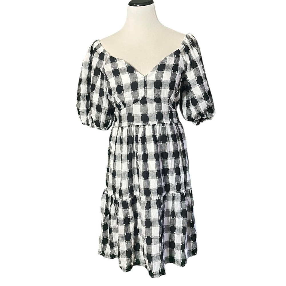 Cato Womens Black White Gingham Linen Blend Puff Sleeve Tiered Mini Dress Size M
